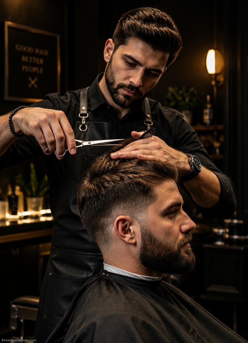 Barbeiro realizando corte com tesoura