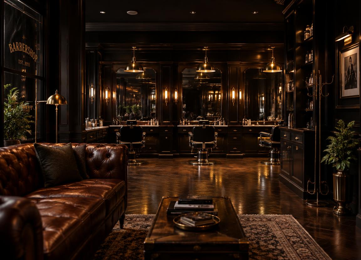 Ambiente interno da barbearia com poltronas de couro