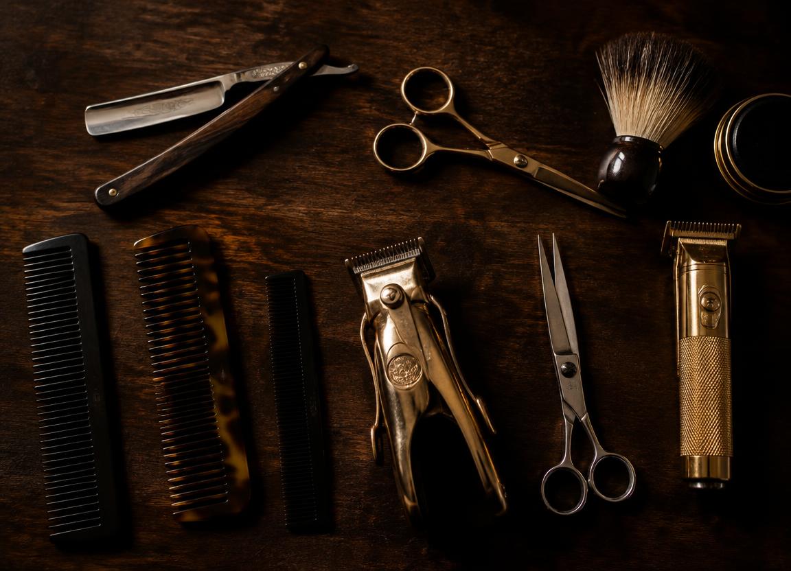 Equipamentos profissionais de barbearia sobre madeira